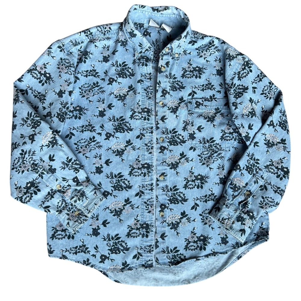 Vintage Sudden Impact Light Wash Denim Floral Print Button Down Long Sleeve Sz L